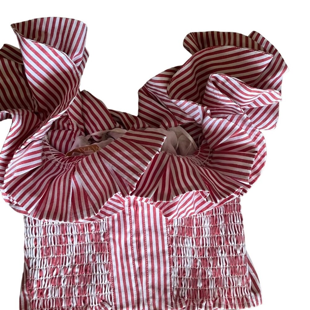 SMALL EUC Wayf Anzio Off Shoulder Red White Stripe Ruffle Crop Top - Picture 7 of 12